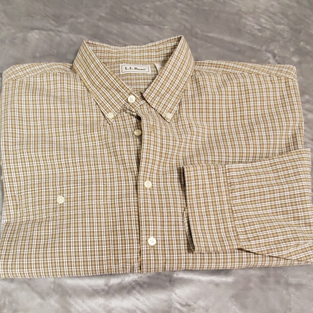 LL Bean Brown White Plaid Long Sleeve Button Down